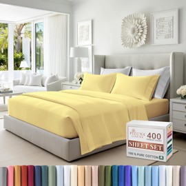 Pizuna Cotton Queen Sheet SetMellow Yellow, 400 Thread Count 100% Long Staple Combed Cotton Sateen Weave Bed Sheets Queen Size with Deep Pocket fit Upto 15 Inch (100% Cotton Queen Sheet Set)