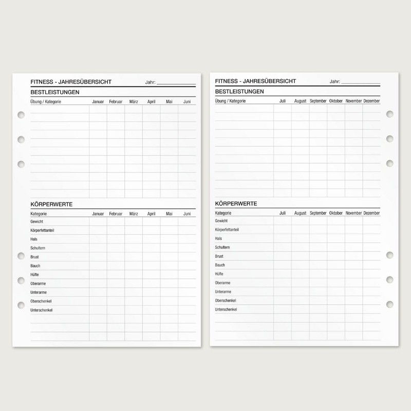 KOMPASS® Fitness Planning Inserts, DIN A5 Inserts for Ring Binder