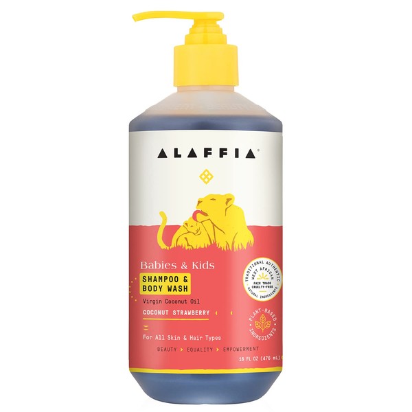 Alaffia Babies and Kids Shampoo and Body Wash, Gentle and Calming Support for Soft Hair and Skin with Shea Butter, Neem, and Coconut Oil, Fair Trade, Coconut Strawberry, 16 Fl Oz