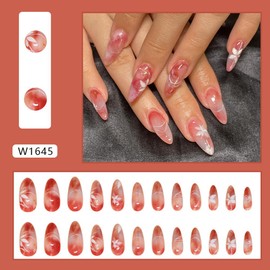 24Pcs Almond Press on Nails Medium Red Gradient Fake Nails Acrylic False Nails with White Maple Leaves Design Full Cover Press on Nails Stiletto Glue on Nails Reusable Gel Stick on Nails for Women