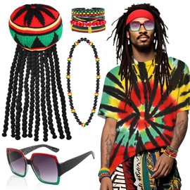 Kyndara 5Pcs Rasta Costume Accessories Set, Jamaican Reggae Outfit Kit with T-Shirts Hats Rasta Sunglasses Necklaces Bracelets for Men Women Carnival Cosplay Parties