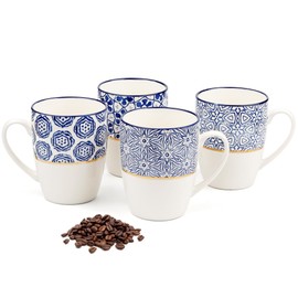 MACHUMA Set of 4 12.5OZ/370ML Coffee Mugs with Blue and White Patterns, Ceramic Tea Cup Set, Gift for Friends