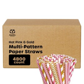 Comfy Package [Case of 4,800] Hot Pink & Gold Paper Straws Disposable, 100% Biodegradable Multi-Pattern Party Straws For Birthday, Wedding and Holiday Decoration