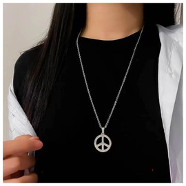 Andelaisi Boho Peace Pendant Necklace Silver Love peace Necklace Vintage Peace circle Choker Necklace silver long Necklaces Chain Jewelry for Women