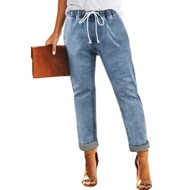 Sweezarmo Women's Pull On Solid Color Jeans Drawstring Elastic Waist Denim Stretch Joggers Blue Small