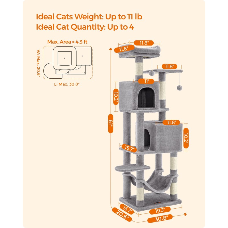 Feandrea Cat Tree, 61-Inch Cat Tower for Indoor Cats, Plush