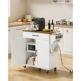 CHOEZON Kitchen Island, Kitchen Island Cart with Storage and Charging Station, Rolling Kitchen Table with Spice Rack, Mobile Buffet Server Bar Table, for Kitchen, White and Walnut MZD05UWL