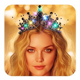 Kilshye Light Up Black Rhinestone Crown LED Gothic Tiara Headband Festival Costume Hair Accessoris for Women