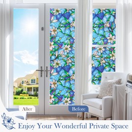 Coavas Decorative Window Privacy Film, Heat Control Sun Blocking Stained Glass Window Film, Floral Design Static Cling, Non Adhesive Windows Tint for Bathroom Front Door(Vinyl, 17.5" x 78.7 ")