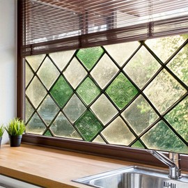 HOMETITUTE Green Diamond Grid Window Film 39.3x17.7 Inch Decorative Privacy Window Cling Static Mosaic Covering for Bathroom Kitchen Entryway Sidelight Frosted Glass Panel Sunlight Control