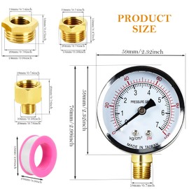 Well Pump Vacuum Pressure Gauge 60mm Dial Face 1/4" BSP, 0-7 Bar 0~100 Psi, with 3 Brass Bushing Adapter 1/4" to 3/8", 1/4" to 1/2", 1 Hex Nipple Reducing 1/4" to 1/8", 1 Teflon Tape, Lower Mount