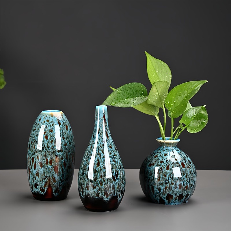 Set of 3, Decorative Ceramic Vases, Turquoise Blue Glazed Finish,