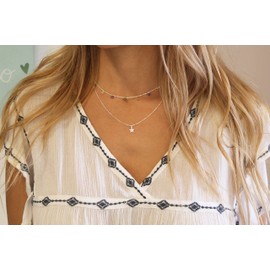 WANDA PLATA Choker Necklace Double Stars and Zircons 925 Sterling Silver for Young Women Girls with Adjustable Chain in Gift Box, Sterling Silver, Zircons