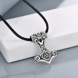 URONE Viking Thor's Hammer Pendant Necklace Sterling Silver Celtic Knot Mjölnir North Christmas Birthday Viking Jewellery Gift for Men, Sterling Silver, No Gemstone