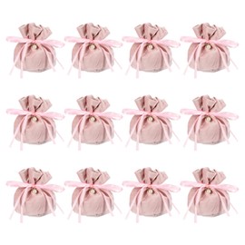 YELARXI Flannel Drawstring Gift Bags, Jewelry Pouches Mini Gift Packaging Bag, 6 x 5.5 in Storage Pouch with Pearl for Wedding Favor Party Birthday Candy (12 Pack, Pink)