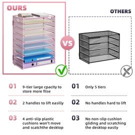 Marbrasse Paper Organizer Letter Tray, 9 Tier Mesh File Organizer with Handle, Paper Sorter Desk Organizer for Home Office Supplies - Pink