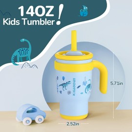 KXIAOCHEN 14 oz Kids Tumbler with Handle for Spill Proof Insulated Stainless Steel Reusable Tumbler for Toddlers, Keeps Drinks Cold up to 24 Hrs,Dinosaur+Spaceman2P