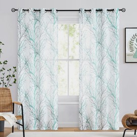 FMFUNCTEX Linen Semi Sheer Curtains for Bedroom, Auqa Blue White Curtains 84 Inches Long for Living Room, Grey Tree Branch Patterned Curtain Light Filtering Window Drapes, Grommet Top 2 Panels