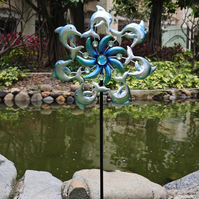 39" Dolphin Wind Spinners Metal Windmill Garden Stake,Ocean Theme Outdoor