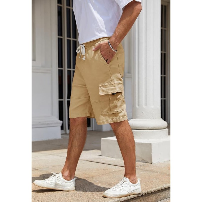 WICUSION Mens Twill Cargo Shorts Stretch Cotton Elastic Waist Multi-Pockets