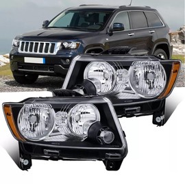MOSTPLUS Headlight Assembly Compatible for 2011-2013 Jeep Grand Cherokee / 2011-2017 Compass Front Lamp Black Housing Clear Lens Amber Corner (set of 2)
