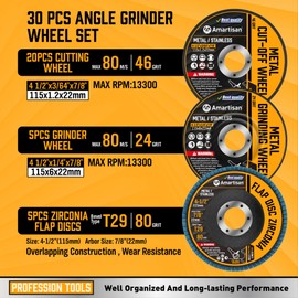 AMARTISAN 30-Pack Angle Grinder Wheels & Flap Discs 4-1/2" Inches - 20 Pack 4.5"x1/4"x7/8" Cut off Wheels, 5 Pack 4.5"x7/8" 80 Grit Flap Discs, 5 Pack 4.5"x3/64"x7/8" Grinding Wheels ﻿
