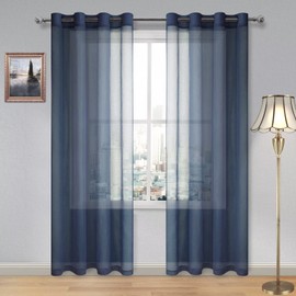 DWCN Navy Blue Sheer Curtains Textured Semi Transparent Eyelet Top Decorative Voile Curtain for Living Bedroom, 55" Wide x 96" Drop, 2 Panels
