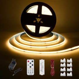 Enteenly COB LED Unterbauleuchte Schrankleuchte, 5m Warmweiß LED Streifen,Schrank Licht, Lichtleiste mit RF Fernbedienung, LED Strip Dimmbar, für Regale,Vitrinen,Küchenlicht, 24V EU Adapter, 2700K
