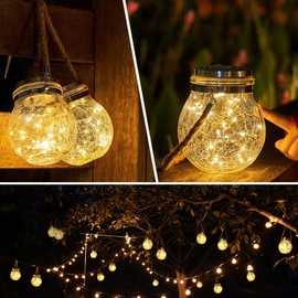 Solar Lantern Crackle Glass Ball, 2 Pack Garden Hanging Solar Lights Outdoor Waterproof Lanterns with 30 Warm White LED for Outdoor Decor Patio Yard Lawn Pathway