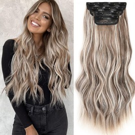 Samtress Clip in Hair Extensions 20 Inch 4 PCS Brown Mixed Ash Blonde Hair Extensions Long Wavy Clip Extension Synthetic Fiber Hairpieces Hair for Women (#8H24)