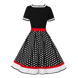 Women V Neck 50's Polka Dots Vintage Cocktail Swing Dress with Belt Short Sleeve 1950's Audrey Hepburn Style Rockabilly Prom Dress Knee Length A Line Wedding Party Formal Homecoming Dress A#Black L