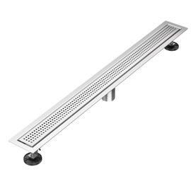 36 inch Linear Shower Drain with Square Hole Pattern Grate Cover, Brushed 304 Stainless Steel Bonding Flange Linear Drain, Low Profile Linear Shower Drain with Hair Strainer