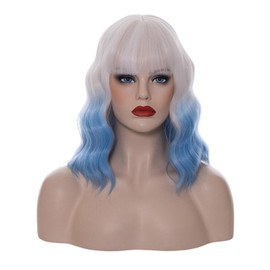 14" White Ombre Light Blue Short Bob Wavy Curly Bangs Wig Air Bangs Shoulder Length Women's Charming Synthetic Wig for Cosplay Party Anime Costume+Wig Cap (White Ombre Light Blue)