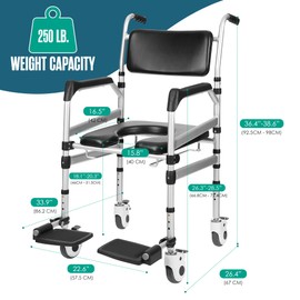 Houseables Shower Chair with Wheels, Shower Wheelchair, Rolling Shower Chair, Shower Commode Wheelchair, Bedside Toilet Chair for Elderly, Handicap Shower Chair with Wheels, Height Adjustable
