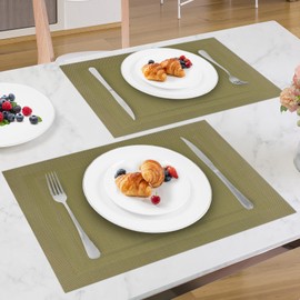 SueH Design Woven Place Mats Set of 8 Vinyl Heat Resistant Washable Place Mats 45 cm x 30 cm Olive Green