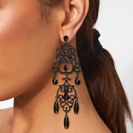 Clearine wunderschöne glänzende Strasssteine Tropfen Cluster Herzform Kronleuchter lange baumeln Ohrringe für Damen Hochzeit Partei Prom Schmuck Schwarz Schwarz-Ton