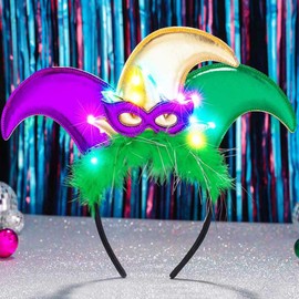 GORTIN Mardi Gras Jester Hat Headband Light Up Carnival Headpiece Purple Green and Gold Costume Hair Accessories for Women