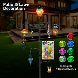 LUJII 6.8FT Solar Shepherds Hooks for Outdoors, Decorative RGB Lights, Heavy Duty Hummingbird Feeder, Bird Feeder, Wind Chime Stand with 4 Hangers and 1 Garden Flag Hook (Red)