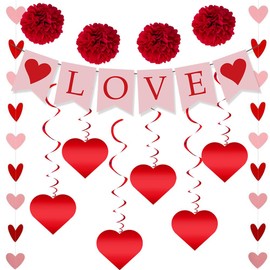 13Pcs Valentine's Day Hanging Decorations Set,Love Bunting Banner Red Pink Love Heart Garlands Streamer Hanging Swirl Decorations and Pompoms Flowers Balls for Wedding Anniversary Party Wall Decor