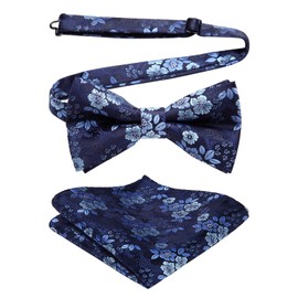 HISDERN Men's Bowtie, One-Touch Bowtie, with Chief, Adult, Weddings, Hook Type, Easy to Put on and Take Off, Adjustable, 21 Navy Blue (Floral)