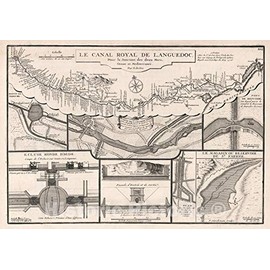 Historic Map - World Atlas Map, Le Canal Royal de Languedoc (Canal du Midi). 1716 - Vintage Wall Art - 44in x 31in