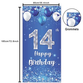 COOSOAR Happy 14th Birthday Banner Backdrop Balloons Crystal Glittery Stars Confetti Theme Decor for Boys and Girls 14th Birthday Party Cheers to 14 Years Party Bday Supplies Gift Silver and Blue