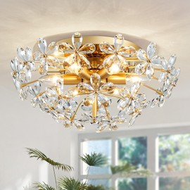 FashEase Modern Crystal Chandeliers, Close to Ceiling Chic Style Light Fixture for Living Room, Bedroom, Dining Room, D18 in x H8 in, Clear Flower Crystal & Gold Finish Frame