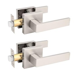 NIZADO Brushed Nickel Passage Door Handles, 2 Pack Non-Locking Interior Door Levers, Suqare Heavy Duty Closet Door Handles, Reversible for Right & Left Side