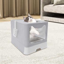 Cat Litter Box, Foldable Enclosed Top Entry with Litter Catching Lid, Dog Proof Includes Scoop - Easy to Clean Large Cat Box Enclosure for Living Rooms, Corridors, Bedrooms, Balconies, Pet Shops