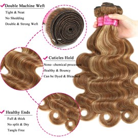 Ombre Brown Body Wave Bundles with 5x5 Closure 100% Unprocessed Highlight Human Hair Body Wave 3 Bundles with 5x5 Middle Part Lace Closure Piano Color
