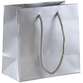 JAM Paper Gift Bags with Rope Handles - Small Square - 6 1/2 x 6 1/2 x 3 1/2 - Silver Glossy - 3/Pack