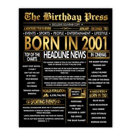 Stuff4 Gold 24th Birthday Poster Unframed - Golden Born In 2001 Newspaper - Happy 24 Birthday for Men Women Retro Vintage Gifts Back In 2001, 8x10 Inch Bday Party Decor Decoration