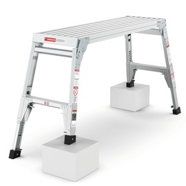 Aluminum Work Platform Large Size Step Stool Folding Portable Work Bench 40" Width Telescopic Feet 22" -27.5" Height Adjustable