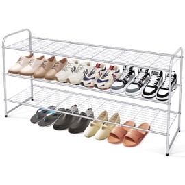 KEETDY 3-Tier Long Shoe Rack for Closet Metal Shoe Organizer for Entryway, Wide Stackable Shoe Storage Shelf with Sturdy Wire Grid for Closet Floor, Bedroom, Grey…